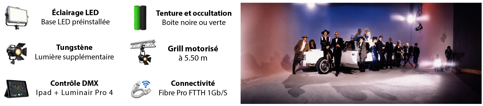 Équipements du Studio Jours Tranquilles : éclairage LED, tungstène, accroche, DMX, tentures, incrustation, Wi-Fi et fibre