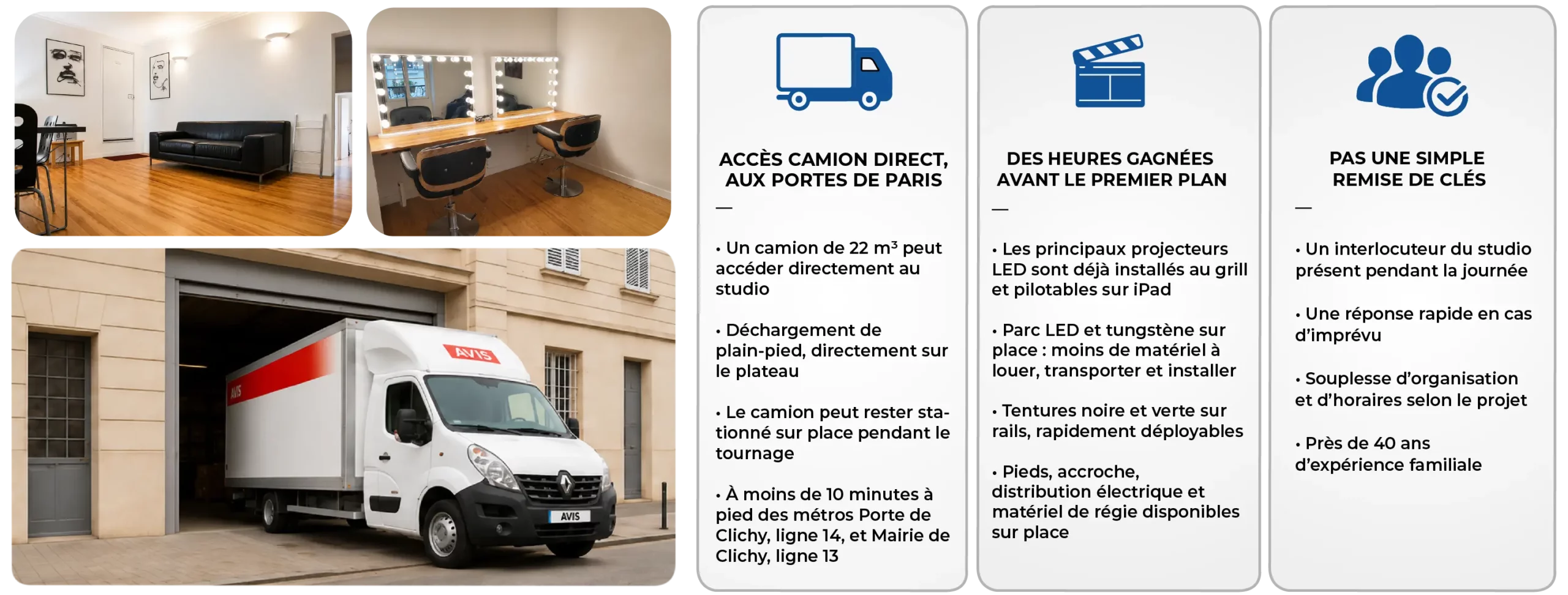 Logistique et espaces du Studio Jours Tranquilles : accès camion, loges HMC, bureau de production, salle catering, confort et fonctionnement